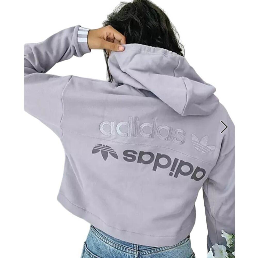 Adidas Original RYV Cropped Hoodie Back Chest Print Logo Rib Knit Lilac Small